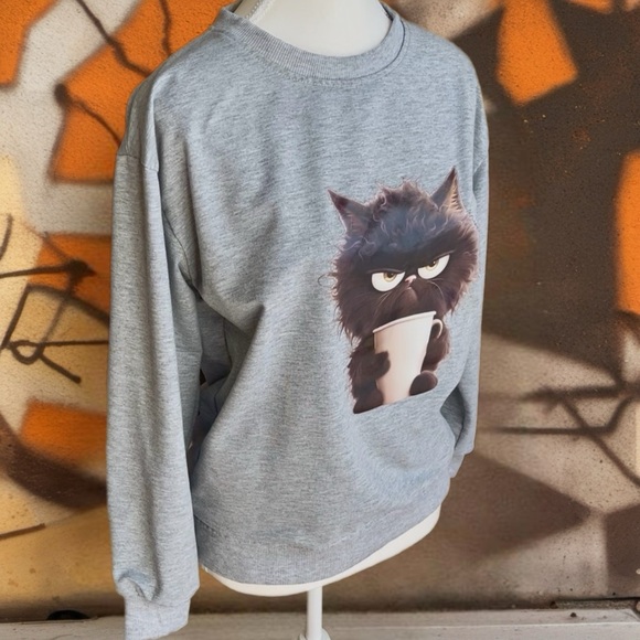 Gray Cat Sweatshirt with Coffee Print - Picture 2 of 10